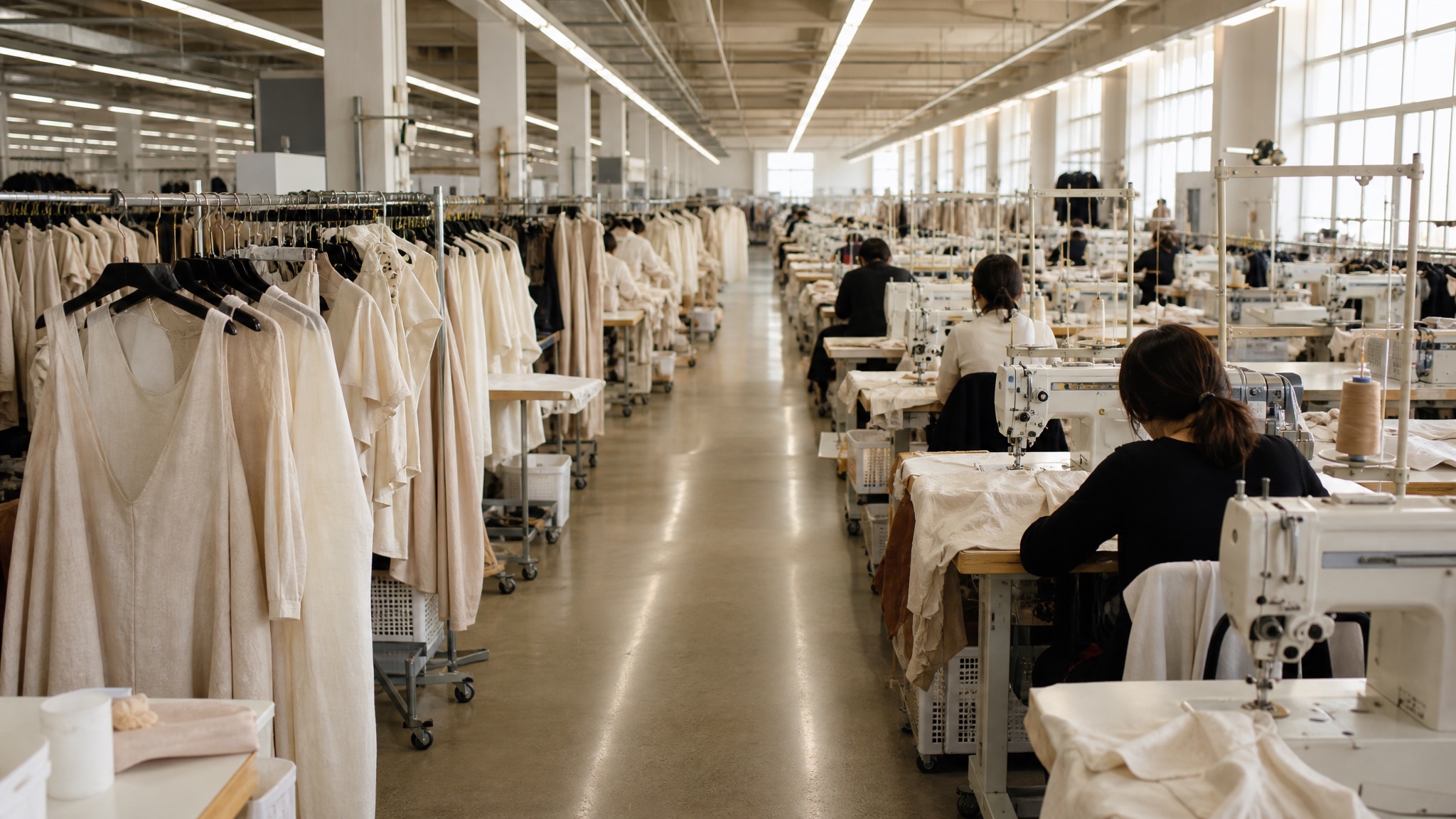 Wide view of a premium womenswear production line — rows of industrial sewing stations with garments in progress on a bright factory floor