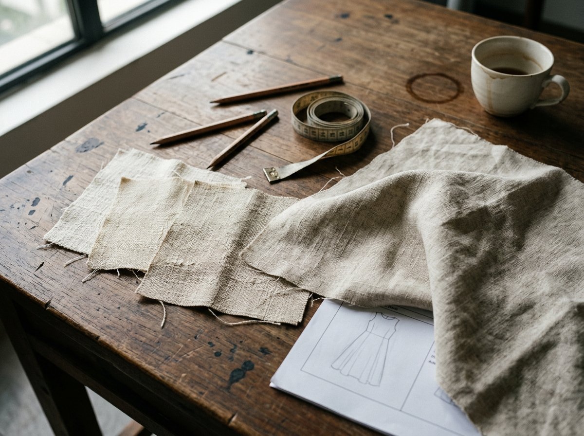 Raw linen fabric swatches with pencils, vintage measuring tape, and a ceramic tea cup on a worn wood development desk
