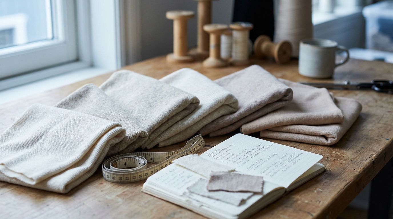 Folded mid-weight knit jersey fabric swatches on a wooden worktable beside an open notebook with handwritten notes