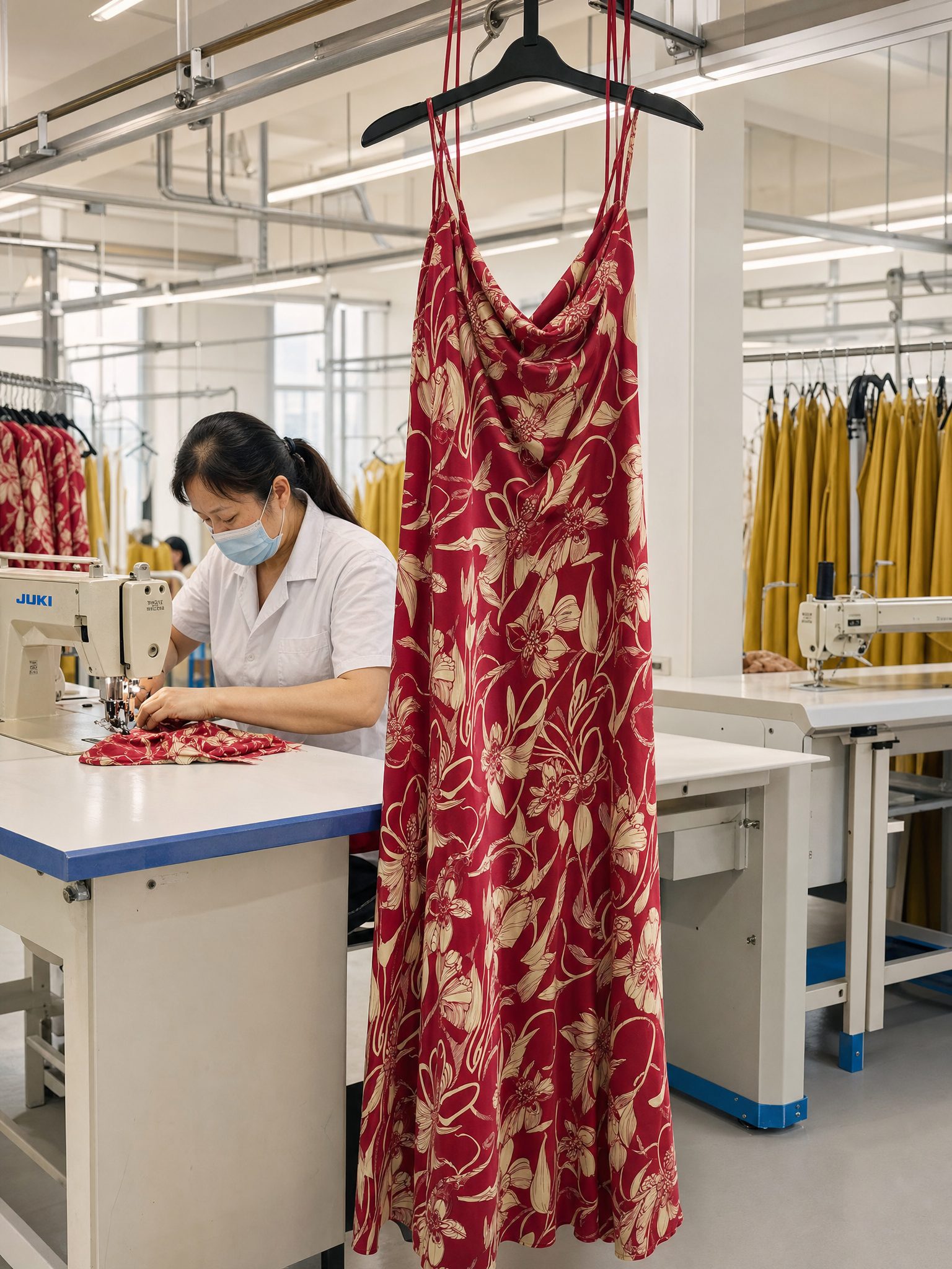 Seamstress at a JUKI industrial sewing machine finishing a red floral printed womenswear dress on the Deepwove production line