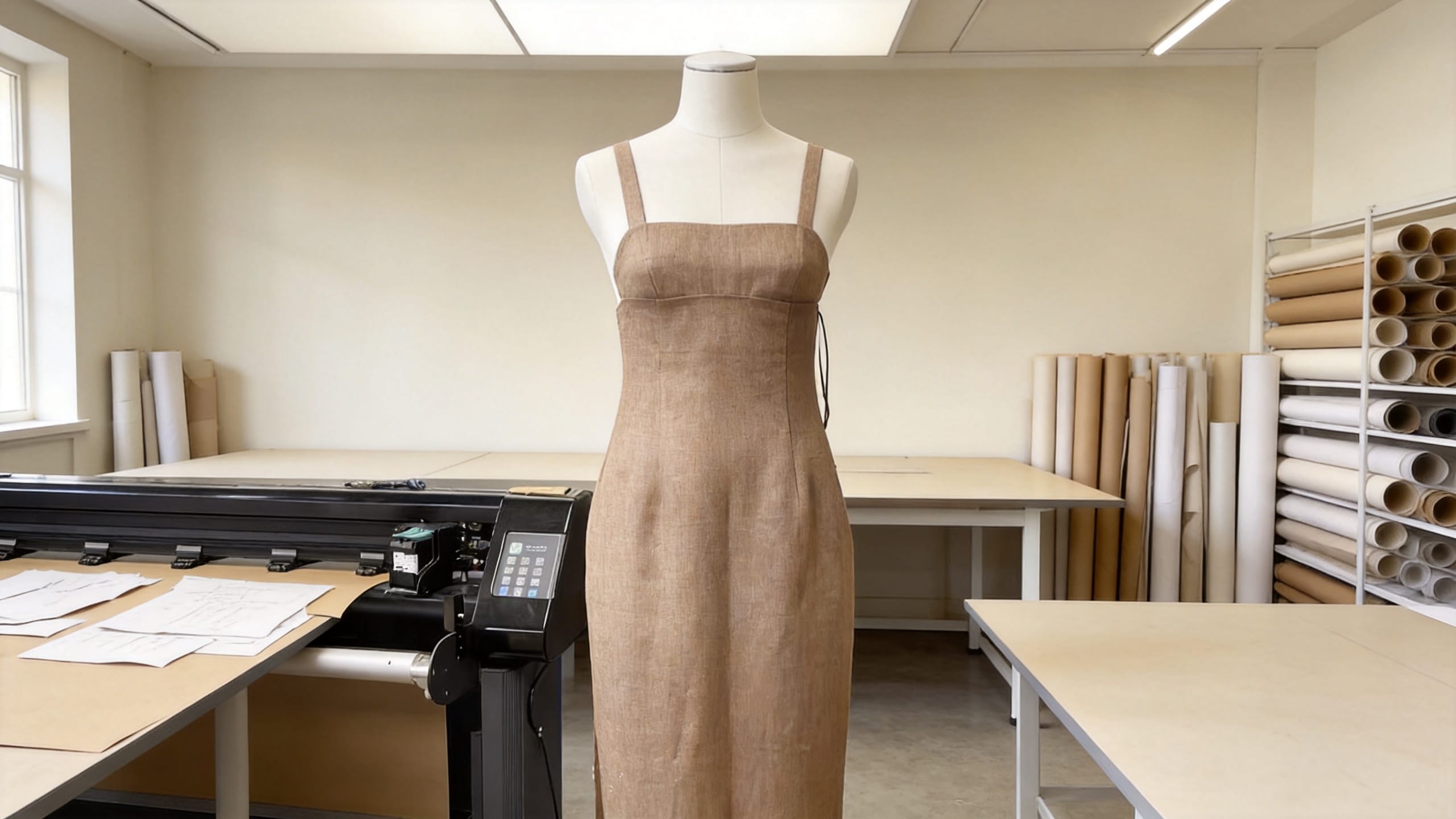 Pattern making and sample development atelier at Deepwove's Hangzhou studio — linen dress on dress form beside an industrial fabric cutting plotter and neatly organised paper pattern rolls