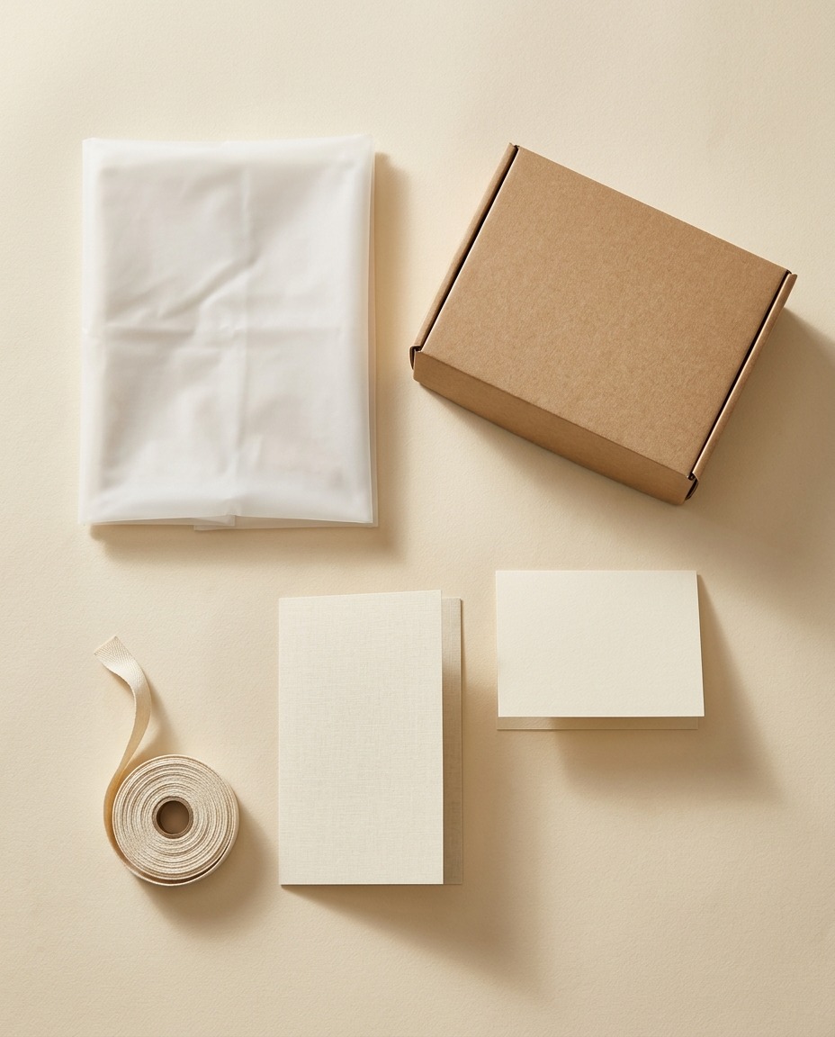 Custom packaging specimens — polybag, kraft mailer, and pack-inserts for private label