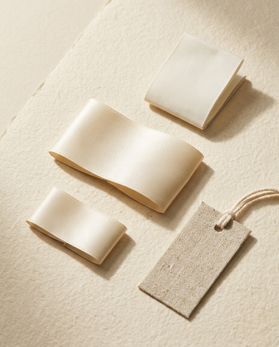 Woven brand label specimen — close-up showing fine thread weave and text detail