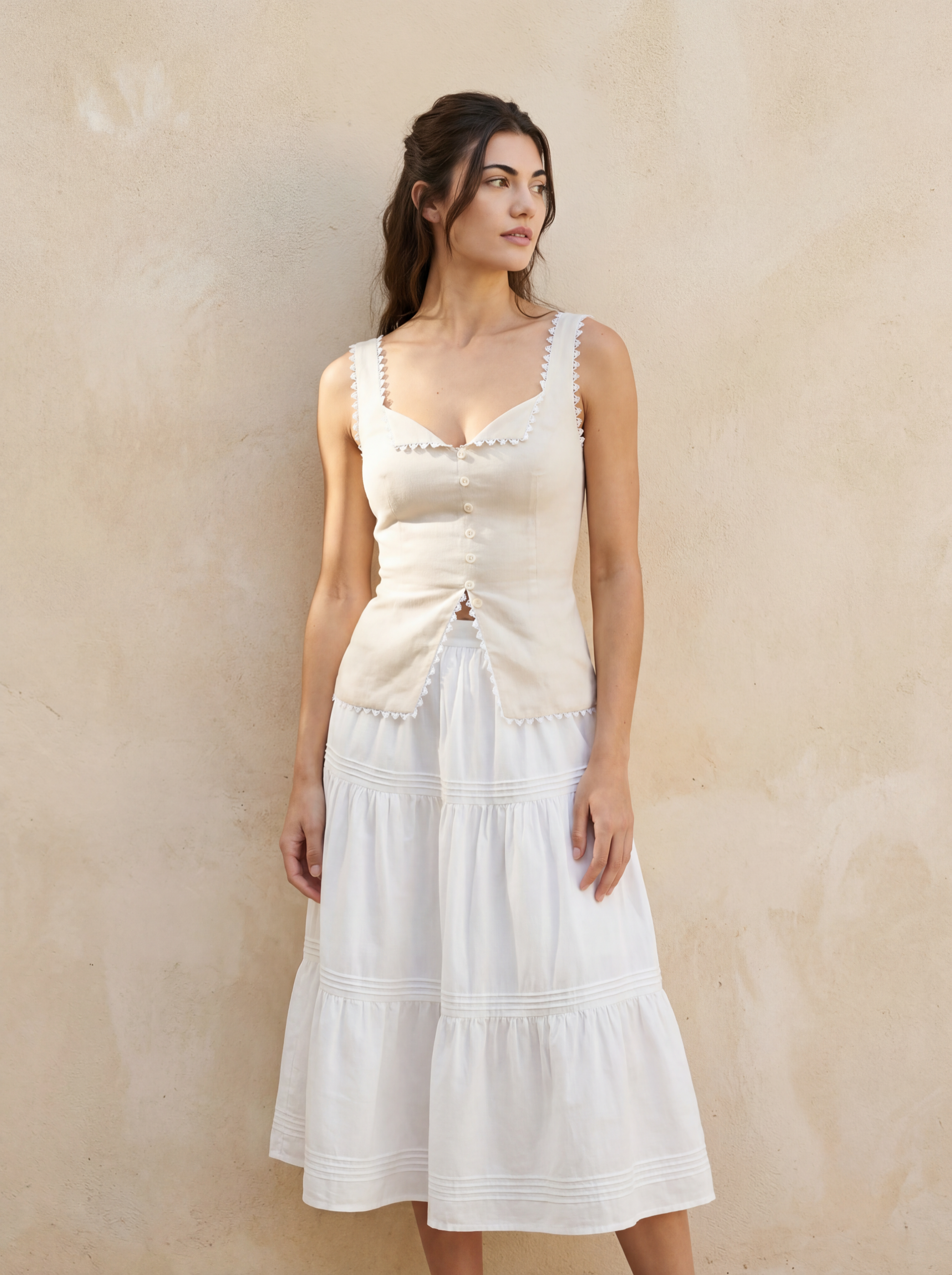 Linen top and tiered skirt separates in natural tones