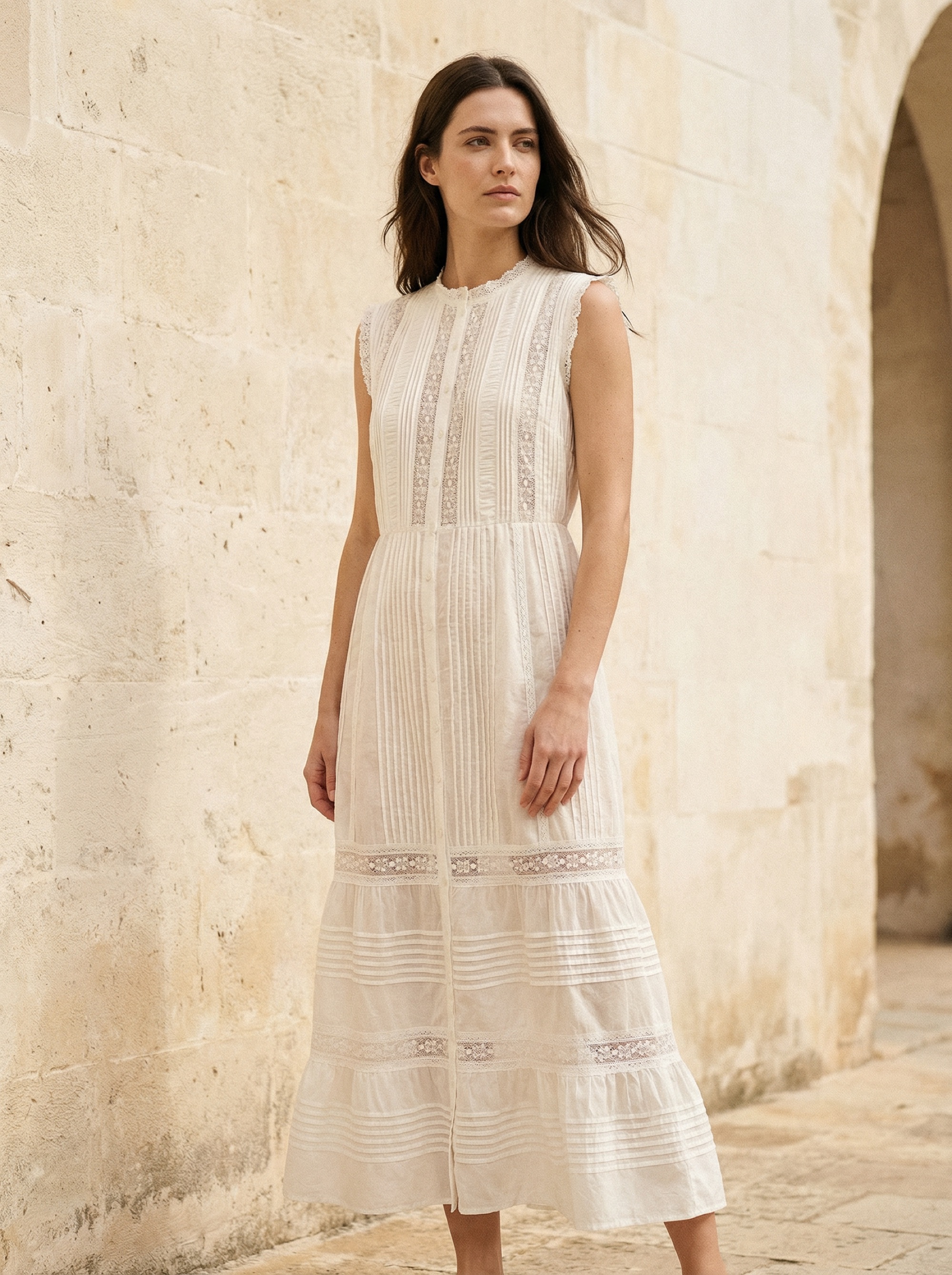 Pintuck and lace midi dress in ivory