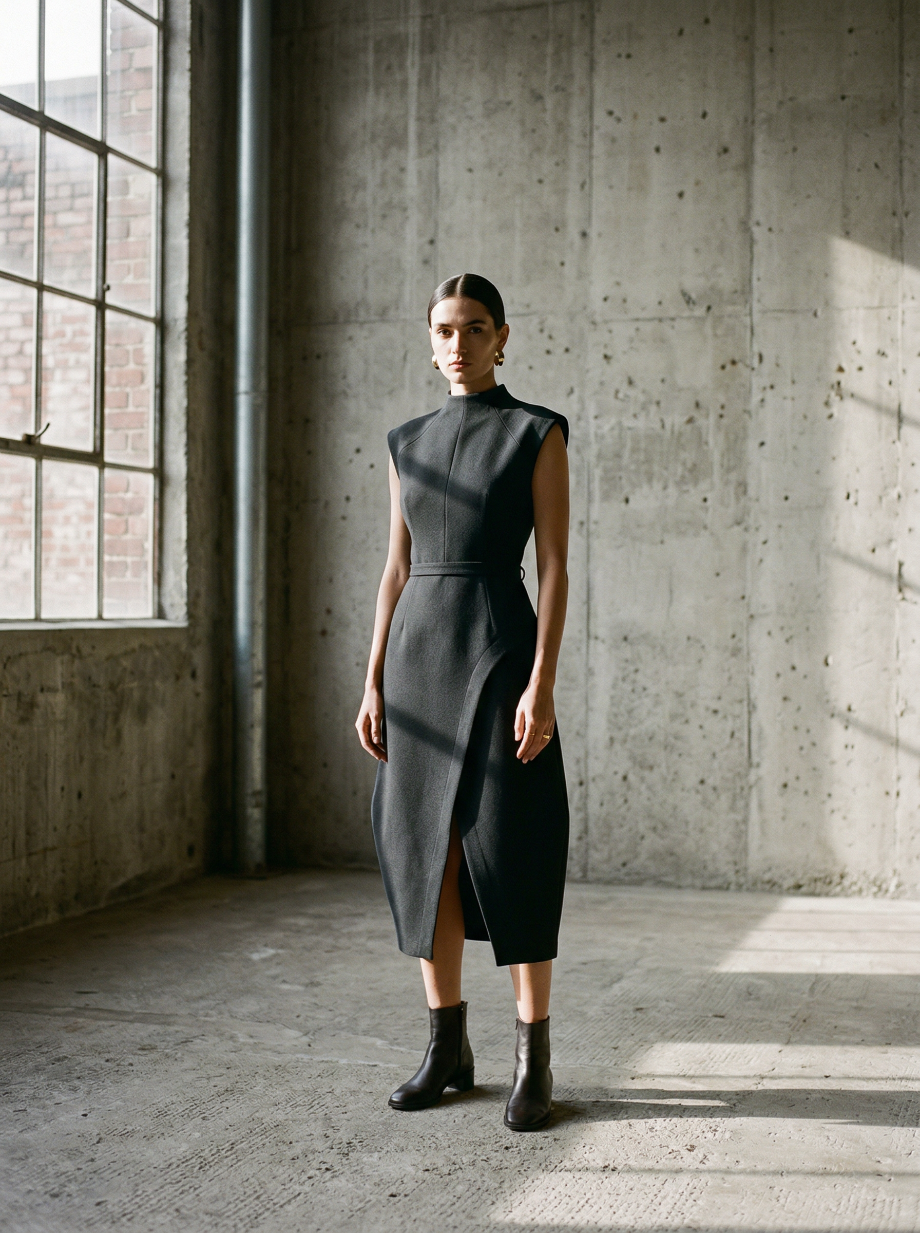 Model in charcoal sleeveless midi dress with mock neck and belted waist, in industrial concrete studio with factory windows