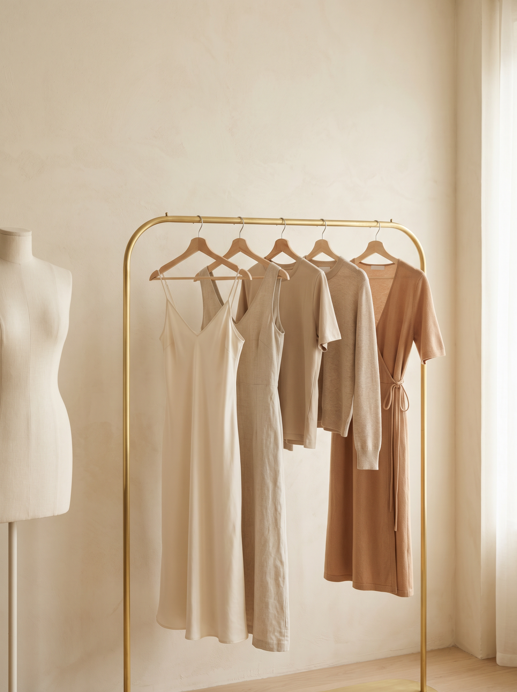 Foundation silhouettes hanging on a brass garment rack beside a dress form