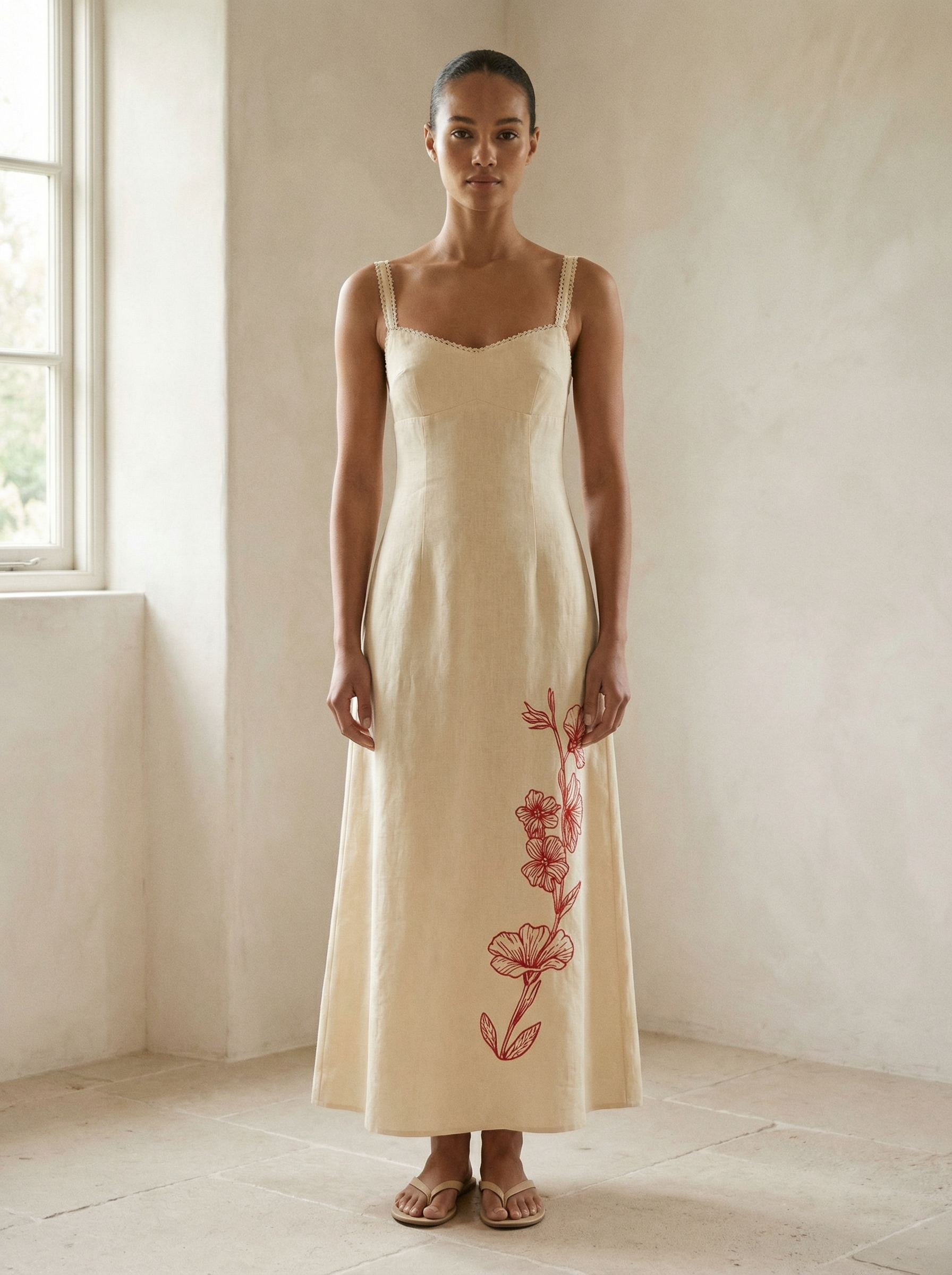 Cream slip dress — full-length garment on a dress form showing clean bias cut and minimalist construction