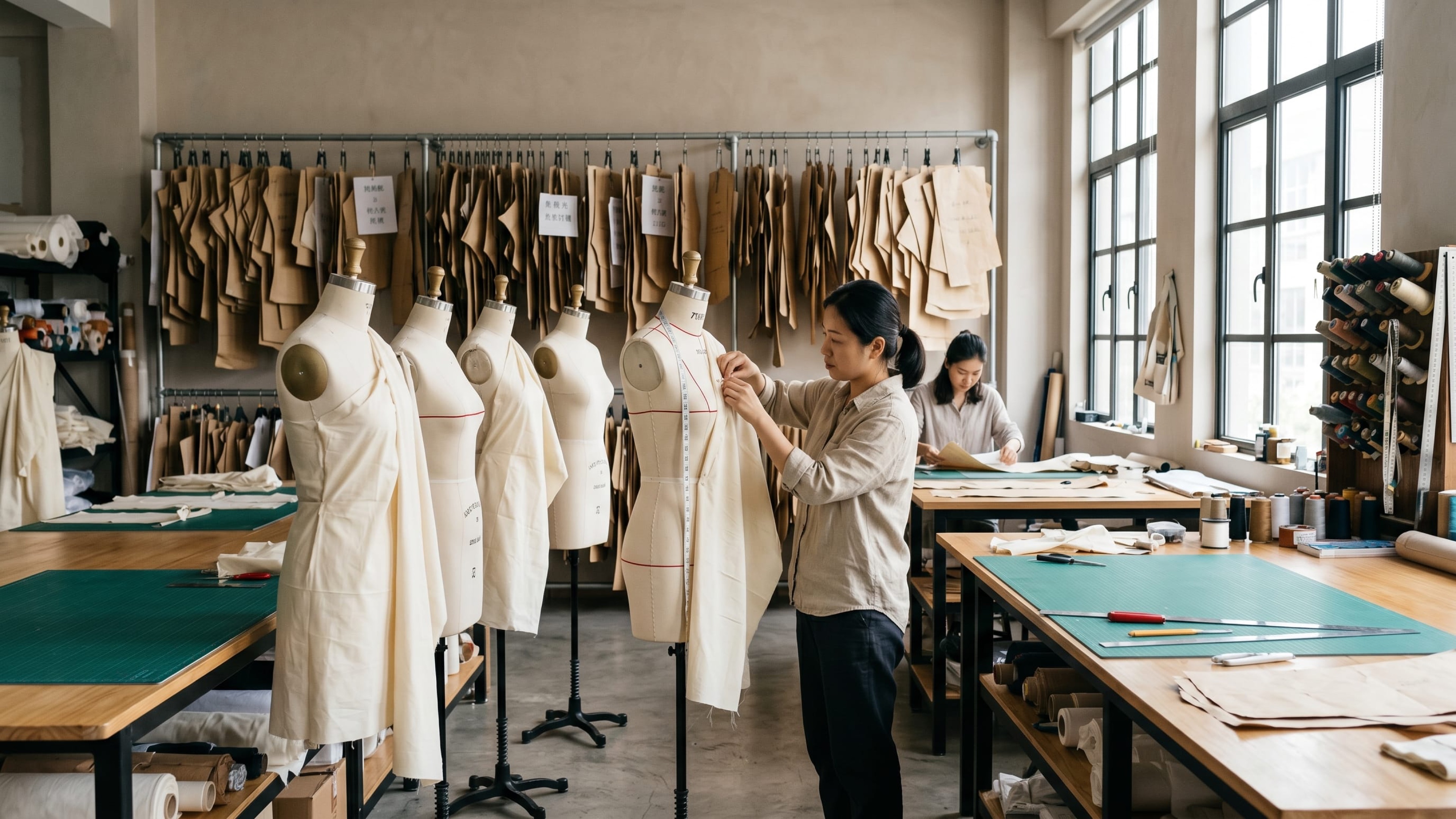Pattern studio with a row of dress forms while a pattern maker pins a toile, paper patterns hanging on the wall rail