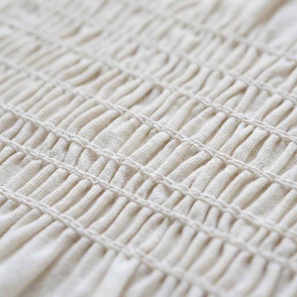 Smocking detail on cotton dress — uniform tension and consistent stretch across rows